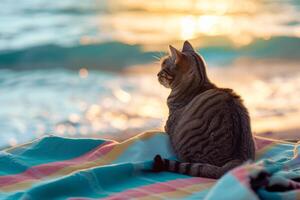 AI generated Cute cat sitting on a beach towel. Generative AI photo