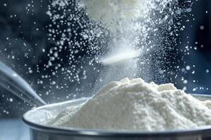 AI generated Sifting flour through sieve on wooden table. Generative AI photo