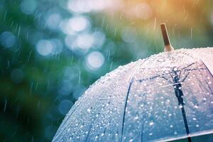 ai generado de cerca en transparente paraguas en pesado lluvia. generativo ai foto