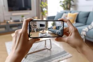 AI generated Hands hold smartphone with augmented reality interior design software to choose furniture. Generative AI photo