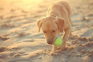 ai generado perro jugando con un juguete en el arena playa. mascota, verano y arena antecedentes. generativo ai foto