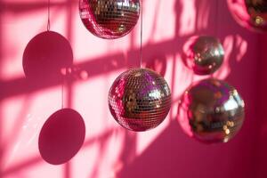 AI generated Shiny disco balls hanging on a pink background,. Generative AI photo