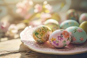 AI generated Decorated pastel colored Easter eggs on vintage plate. Generative AI photo