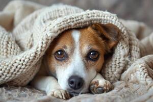 ai generado perro debajo tartán. mascota calienta debajo un cobija en frío invierno clima. mascotas simpático y cuidado concepto. generativo ai foto