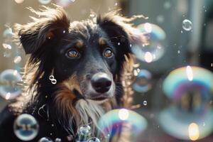 AI generated Dog with soap bubbles in summer outdoor. Generative AI photo