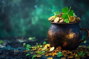 AI generated Pot with gold coins and clover. St. Patrick's Day background. Generative AI photo