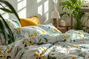 AI generated Bedroom with botanical print bedding in green and yellow tones. Spring concept. Generative AI photo