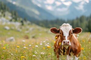 AI generated Cows herd on a grass field during the summer with mountains on background. Generative AI photo