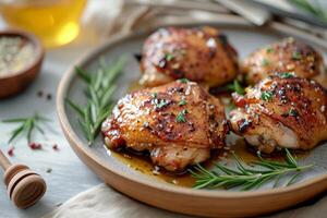 AI generated Honey mustard glazed chicken thighs. Tasty food in asian style. Generative AI photo