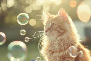 AI generated Cat surrounded by soap bubbles. Kitten playing with soap bubbles. Generative AI photo
