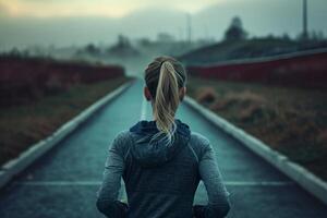 AI generated Back view of man runs on a track. Jogging concept at outdoors. Generative AI photo