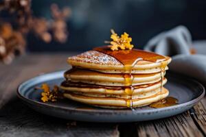 AI generated Homemade stack classic pancakes with maple syrup. Generative AI photo
