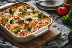 AI generated Creamy chicken and broccoli bake in a casserole dish. Generative AI photo