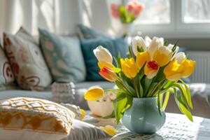 AI generated Living room with pastel colored pillows and fresh tulips on the table. Spring decor concept. Generative AI photo