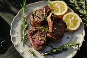 AI generated Lamb chops with rosemary and garlic. Generative AI photo