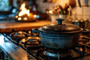 ai generado sucio maceta en el cocina. inoxidable pan en el quemador. generativo ai foto