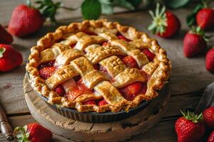 AI generated Homemade strawberry pie with fresh strawberries on sunny background. Generative AI photo