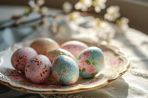 AI generated Decorated pastel colored Easter eggs on vintage plate. Generative AI photo