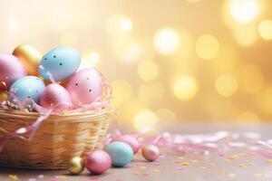 AI generated Banner with easter decorations in pastel colors. Easter basket and eggs, sparkling bokeh. Generative AI photo