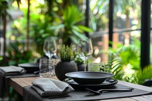 AI generated Dinner table setting of four with plants in the background. Generative AI photo