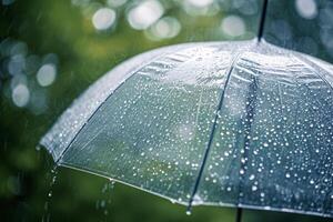 ai generado de cerca en transparente paraguas en pesado lluvia. generativo ai foto