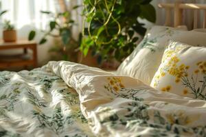 AI generated Bedroom with botanical print bedding in green and yellow tones. Spring concept. Generative AI photo