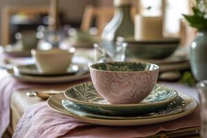 AI generated Home spring decor. Set of pink and green patterned tableware. Generative AI photo