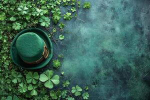 AI generated St. Patrick's Day background with leprechaun hat and clover leaves. Generative AI photo