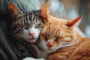 ai generado dos gatos acurrucarse juntos. dos adorable gatitos dormido juntos cerca arriba. generativo ai foto