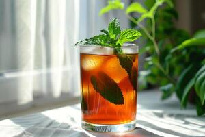 AI generated Traditional iced tea with mint, lemon and ice in tall glass. Summer drinks. Generative AI photo