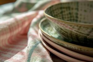 AI generated Home spring decor. Set of pink and green patterned tableware. Generative AI photo