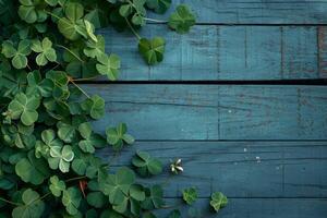 AI generated Clover leaves on wooden table. St. Patrick's Day background. Generative AI photo