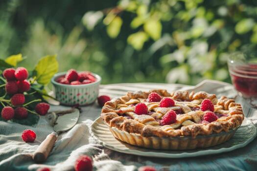 AI generated Homemade raspberry pie with fresh raspberries and jam. Generative AI photo
