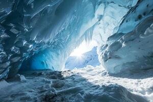 AI generated Blue crystal ice cave entrance and an underground river beneath the glacier. Generative AI photo