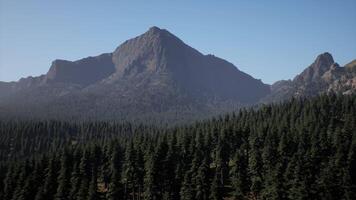 A mountain range with trees in the foreground and a blue sky in the background video