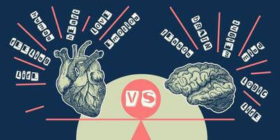 Concept heart VS brain. Vintage design collage poster. Mental health and emotional well-being symbols. Mind-heart balance hand drawn graphic art. Half tone and sketch doodle style. Vector illustration