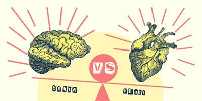 Concept heart VS brain. Vintage design collage poster. Mental health and emotional well-being symbols. Mind-heart balance hand drawn graphic art. Half tone and sketch doodle style. Vector illustration