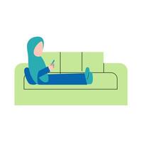 Hijab Woman Playing Smartphone On Sofa vector