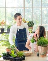 Portrait gardener young Asian man woman two person sit and standing smiling looking hand holding help decorate tree leaf green in calm work shop home plant white wall. hobby job happy and care concept photo