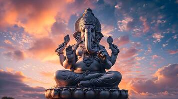 AI generated Lord ganesha sculpture at beautiful sunset. Goddess ganesh festival. photo