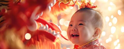 ai generado retrato de contento asiático bebé. chino nuevo año concepto. foto