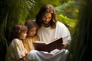 AI generated Jesus Christ and children reading book in the garden photo