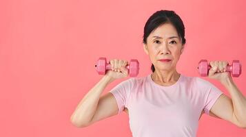 ai generado mayor asiático mujer haciendo ejercicio con pesa foto