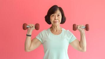 ai generado mayor asiático mujer haciendo ejercicio con pesa foto