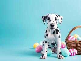 AI generated Cute dalmatian puppy and colorful painted easter eggs. Concept of happy easter day. photo