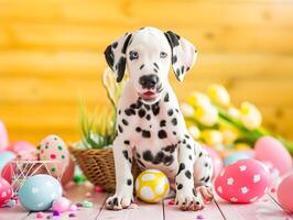 AI generated Cute dalmatian puppy and colorful painted easter eggs. Concept of happy easter day. photo