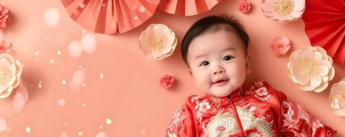ai generado linda asiático bebé en chino tradicional vestido. contento chino nuevo año concepto. foto