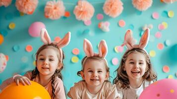 ai generado contento muchachas en conejito orejas celebrando Pascua de Resurrección foto