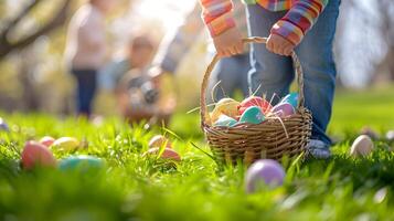 ai generado un alegre niño coleccionar vistoso Pascua de Resurrección huevos en un cesta en el jardín en un soleado día. foto