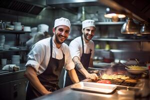 ai generado dos masculino cocineros preparando comida en un cocina de un restaurante foto